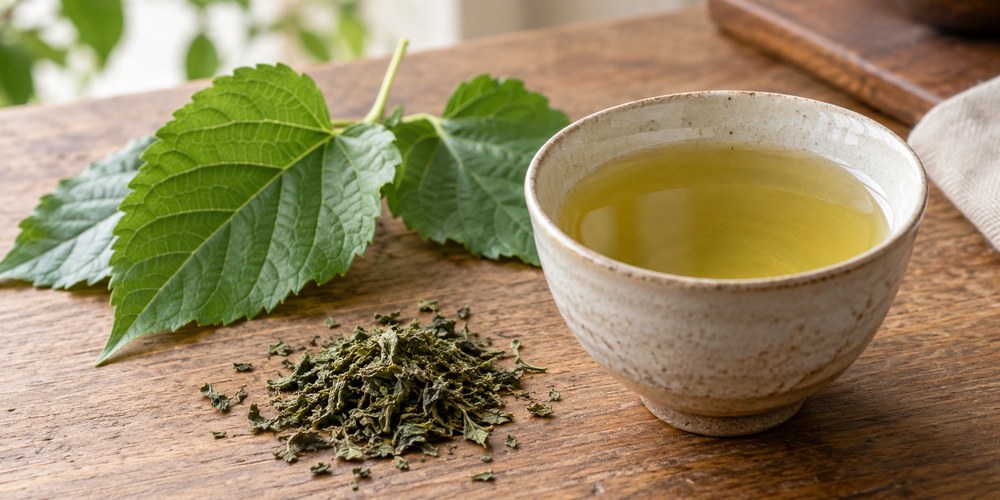 桑の葉と、乾燥させた茶葉、湯のみに入った薄い黄緑色の桑の葉茶
