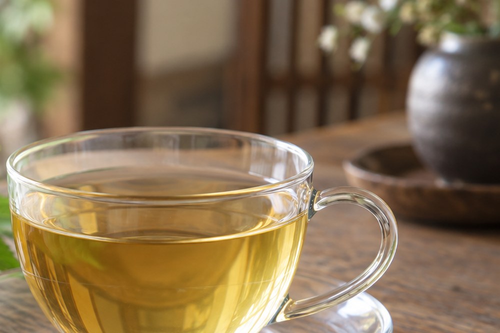 ガラスのカップに入った甜茶。薄い金色をしている